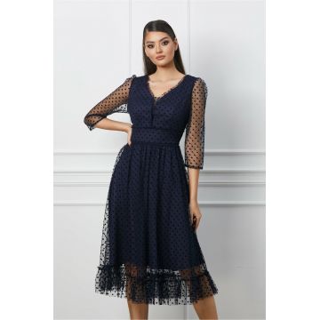 Rochie Minerva bleumarin cu buline catifelate