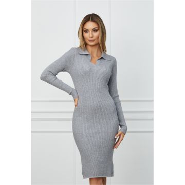 Rochie Mirabela gri din tricot reiat cu guler ascutit