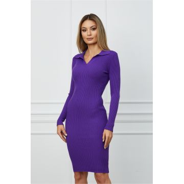 Rochie Mirabela mov din tricot reiat cu guler ascutit