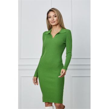 Rochie Mirabela verde din tricot reiat cu guler ascutit