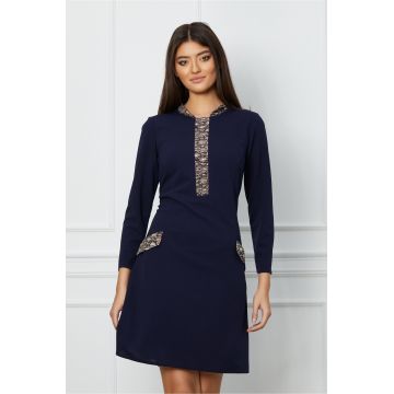 Rochie Moze bleumarin cu buzunare si imprimeu