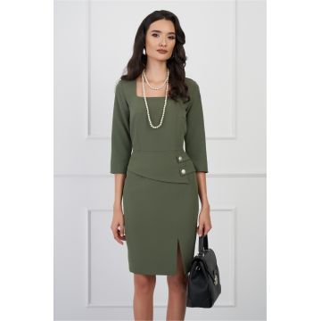 Rochie Moze kaki cu peplum si nasturi in talie