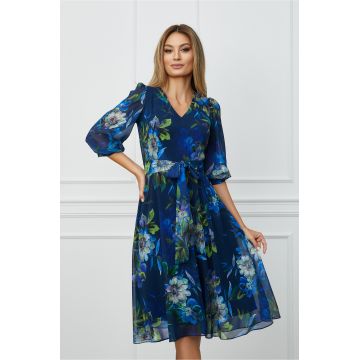 Rochie Natalia bleumarin cu imprimeuri florale albastre si cordon in talie