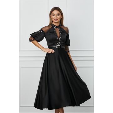 Rochie Natalia neagra cu strasuri si tull la bust si maneci