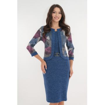Rochie office albastra din jerse cu aspect de costum