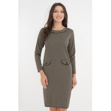 Rochie office bej cu imprimeu tip picior de cocos