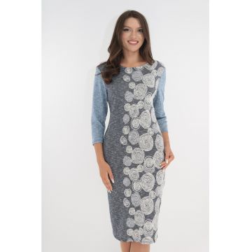 Rochie office bleumarin cu bordura verticala cu print geometric