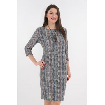 Rochie office cu model geometric bleumarin-gri