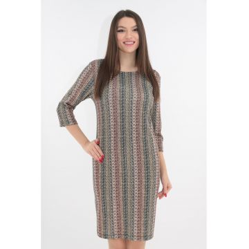Rochie office gri cu model geometric multicolor
