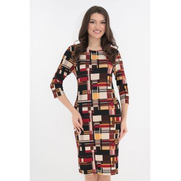 Rochie office neagra cu model geometric bordo-alb