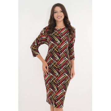 Rochie office neagra cu print geometric rosu-mustar