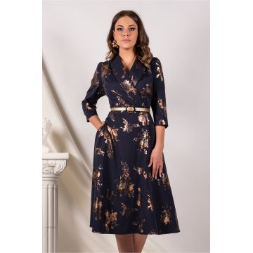 Rochie Patricia bleumarin cu imprimeuri aramii si curea in talie