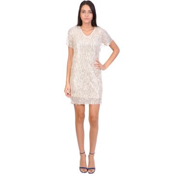 Rochie de seara bej cu franjuri paiete PHI067 B