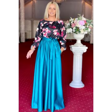 Rochie turcoaz lunga cu imprimeuri florale Seleny Rochie turcoaz lunga cu imprimeuri florale Seleny