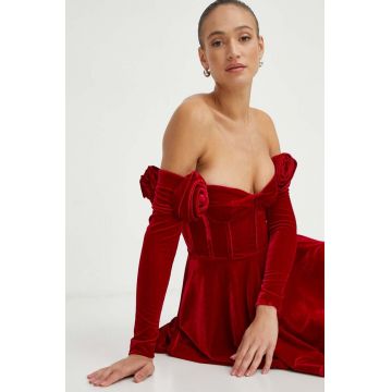 Bardot rochie culoarea rosu, mini, evazati