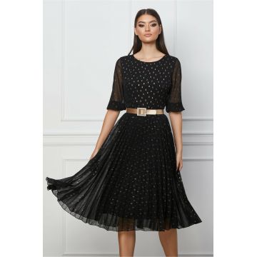 Rochie Adriana neagra cu buline aurii si curea in talie