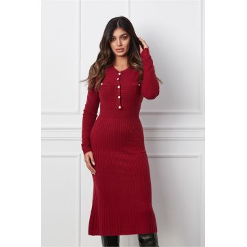 Rochie Alesia bordo din tricot cu nasturi perlati la bust