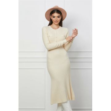 Rochie Alesia ivory din tricot cu nasturi perlati la bust