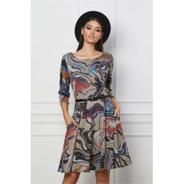 Rochie Alexa bej cu imprimeu negru si curea in talie