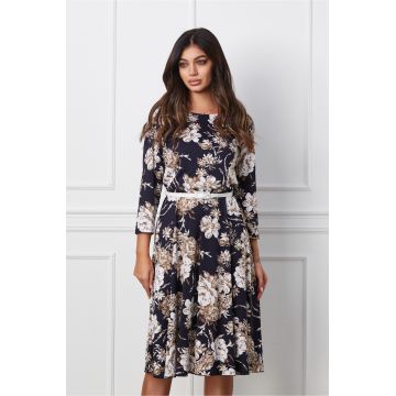 Rochie Alexa bleumarin cu imprimeu floral bej si curea in talie