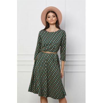 Rochie Alexa verde cu imprimeu geometric bej si curea in talie