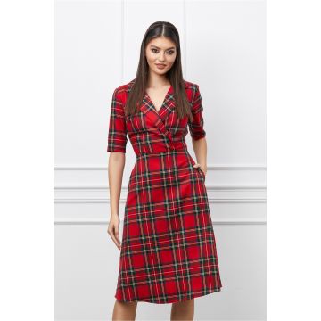 Rochie Alina rosie cu carouri verzi