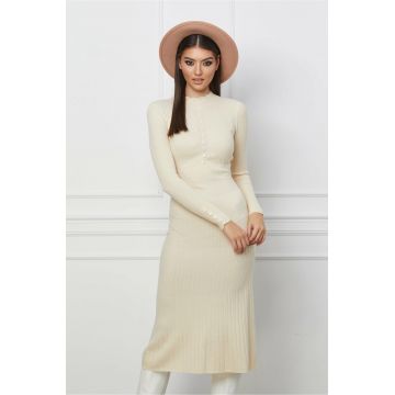 Rochie Amy ivory din tricot reiat cu nasturi la bust si guler incretit