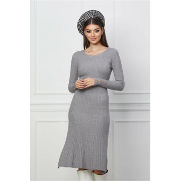 Rochie Antonia gri din tricot reiat cu nasturi pe maneci