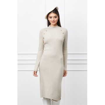 Rochie Betty ivory din tricot reiat cu nasturi la bust