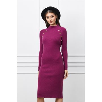 Rochie Betty magenta din tricot reiat cu nasturi la bust