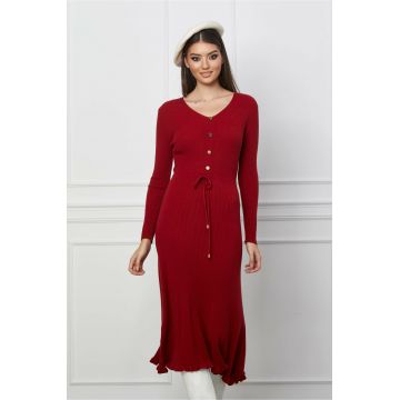Rochie Christina bordo din tricot cu snur reglabil in talie