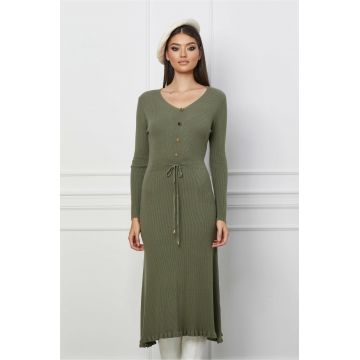 Rochie Christina kaki din tricot cu snur reglabil in talie