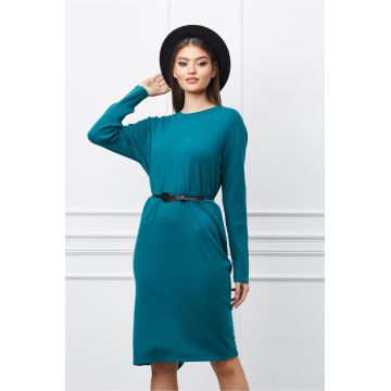 Rochie Corina verde petrol din tricot cu striatii pe maneci si curea in talie