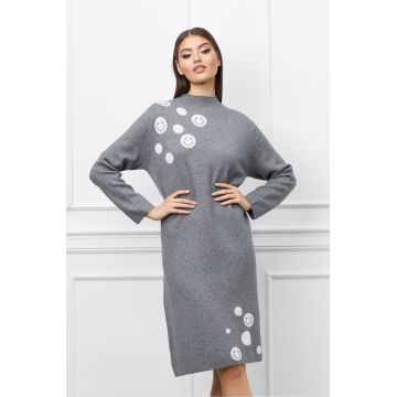 Rochie Felicia gri din tricot cu imprimeu