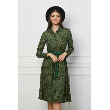 Rochie Gina verde cu imprimeuri si cordon in talie