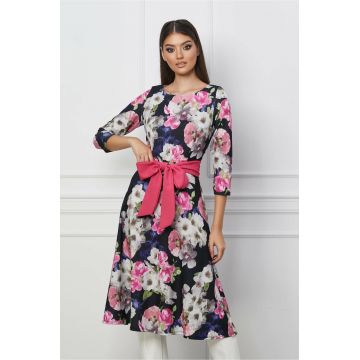 Rochie Karina neagra cu imprimeuri florale roz si cordon in talie