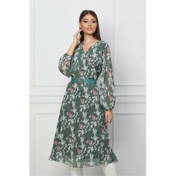 Rochie Loredana verde mint cu imprimeu si curea in talie