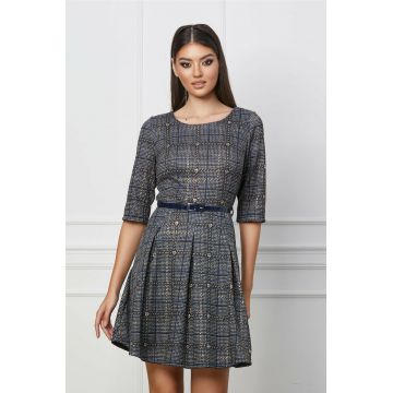 Rochie Mara bleumarin cu carouri aramii si curea in talie