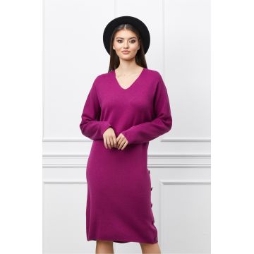 Rochie Mara magenta din tricot cu nasturi pe lateral