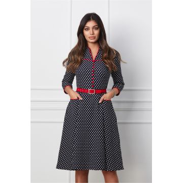 Rochie Maria bleumarin cu buline si curea in talie
