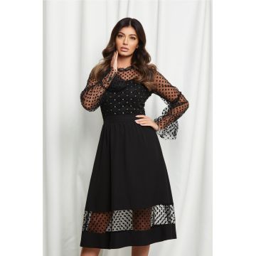 Rochie Moze neagra cu buline catifelate si din glitter argintiu