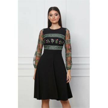 Rochie Moze negara cu broderie verde la bust