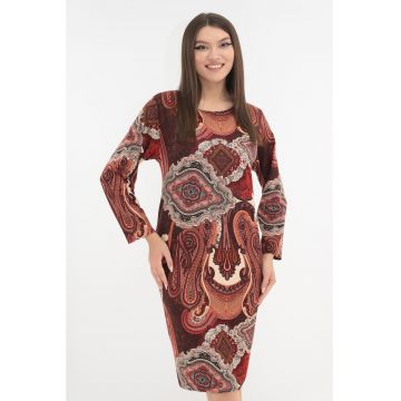 Rochie office cu imprimeu abstract caramiziu