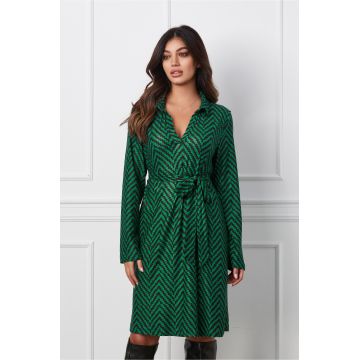 Rochie Rania verde cu imprimeuri negre si cordon in talie