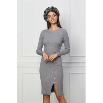 Rochie Roxana gri din tricot cu nasturi