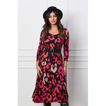 Rochie Sara neagra cu flori fucsia si cordon in talie