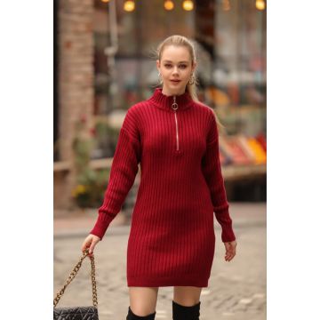 Rochie scurta tip hanorac Marybel, din tricot gros, cu fermoar scurt si guler inalt, Rosu, Marime universala S/M/L