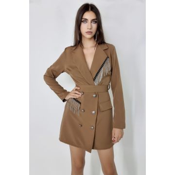 Rochie tip sacou Tiffany, accesorizata cu franjuri metalici, Bej, Marime S/M