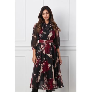 Rochie Valeria neagra cu imprimeuri magenta si curea in talie