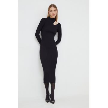 Bardot rochie culoarea negru, midi, mulata